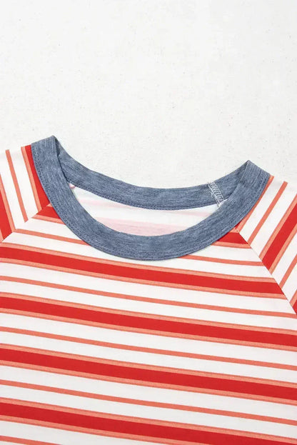 Tomato Red Striped Raglan Sleeve Contrast Neck T-Shirt