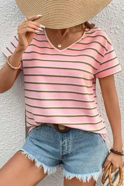 Pink Stripe V Neck Casual T-Shirt