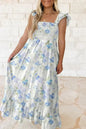 Sky Blue Floral Smocked High Waist Ruffle Sleeveless Long Dress
