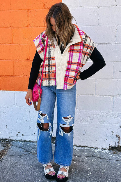 Rose Sherpa Plaid Jacket Vest | Polyester Collared Vest - Femstylo