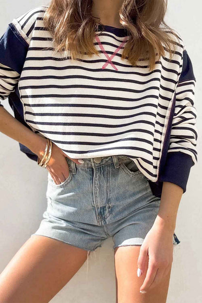White Stripe Patchwork Exposed Seam Loose Fit Women's Sweatshirt
