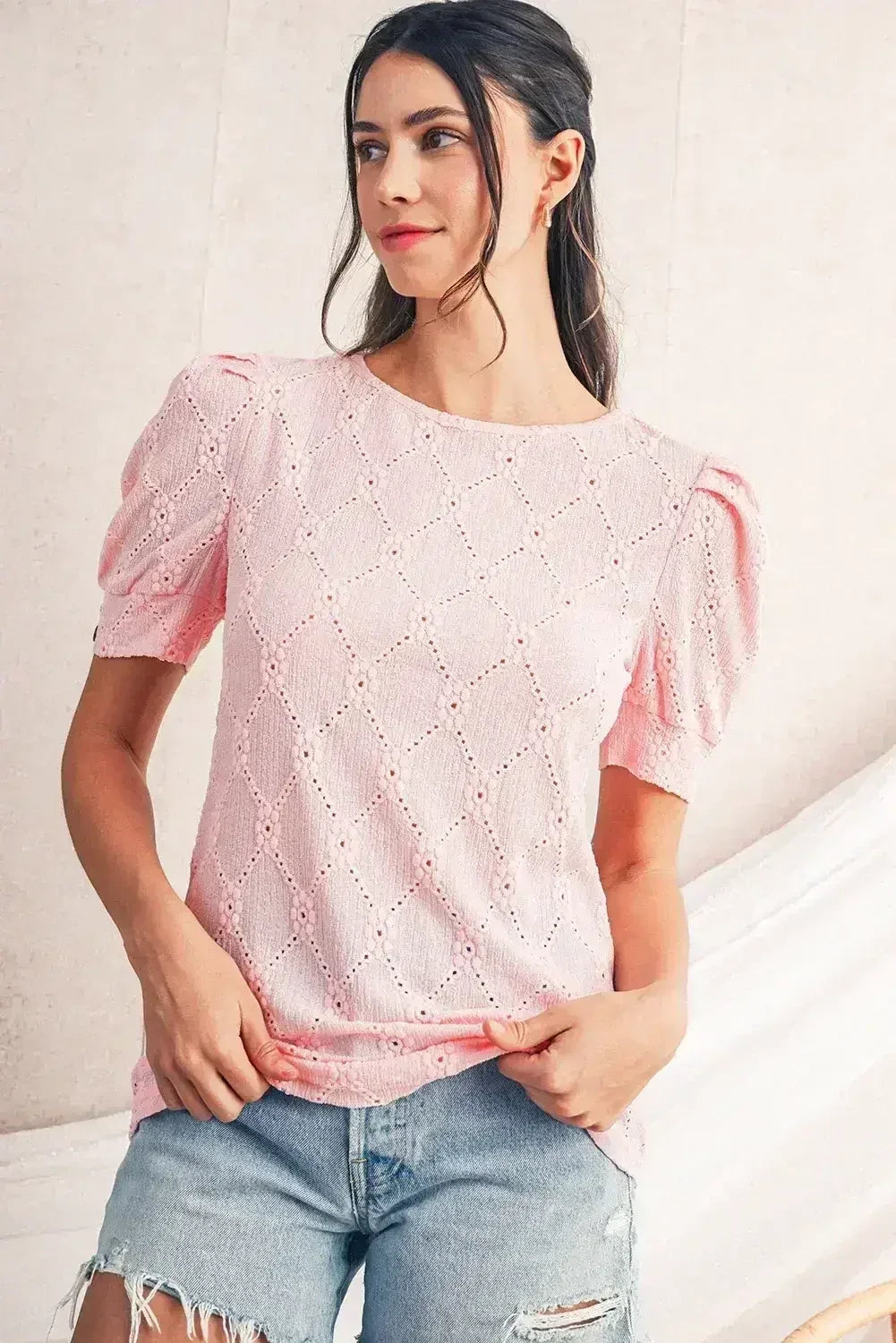White Embroidered Floral Geometric Button Short Sleeve Top | Femstylo