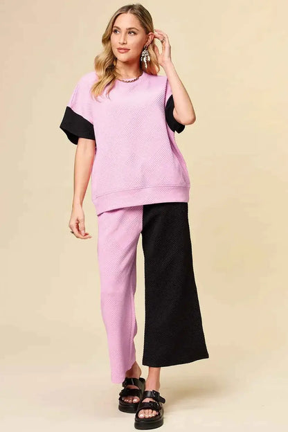 Plus Size Contrast T-Shirt and Wide Leg Pants Set