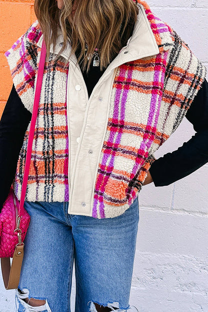 Rose Sherpa Plaid Jacket Vest | Polyester Collared Vest - Femstylo