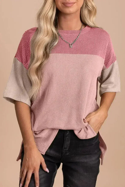 Black Color Block Ribbed Side Slits Half Sleeve Top