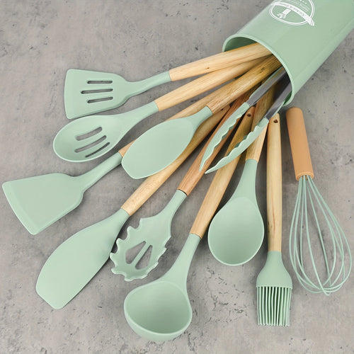 12Piece Silicone Kitchen Utensil Set with Wooden Handles