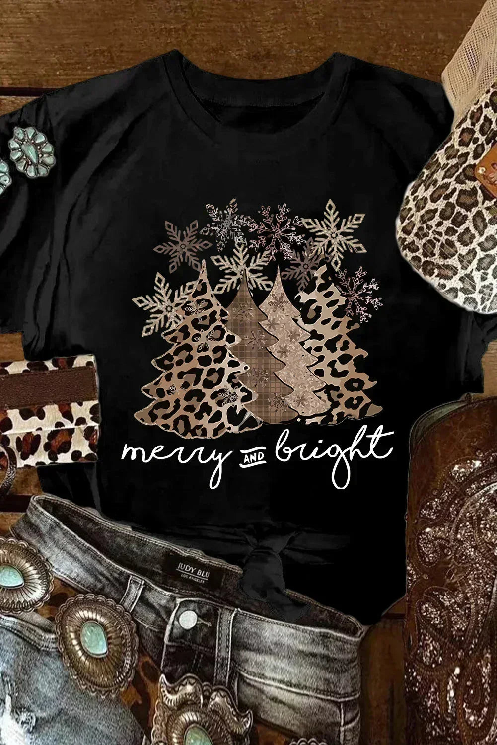 White Leopard Christmas Tree Graphic Tee – Festive & Fierce Crewneck