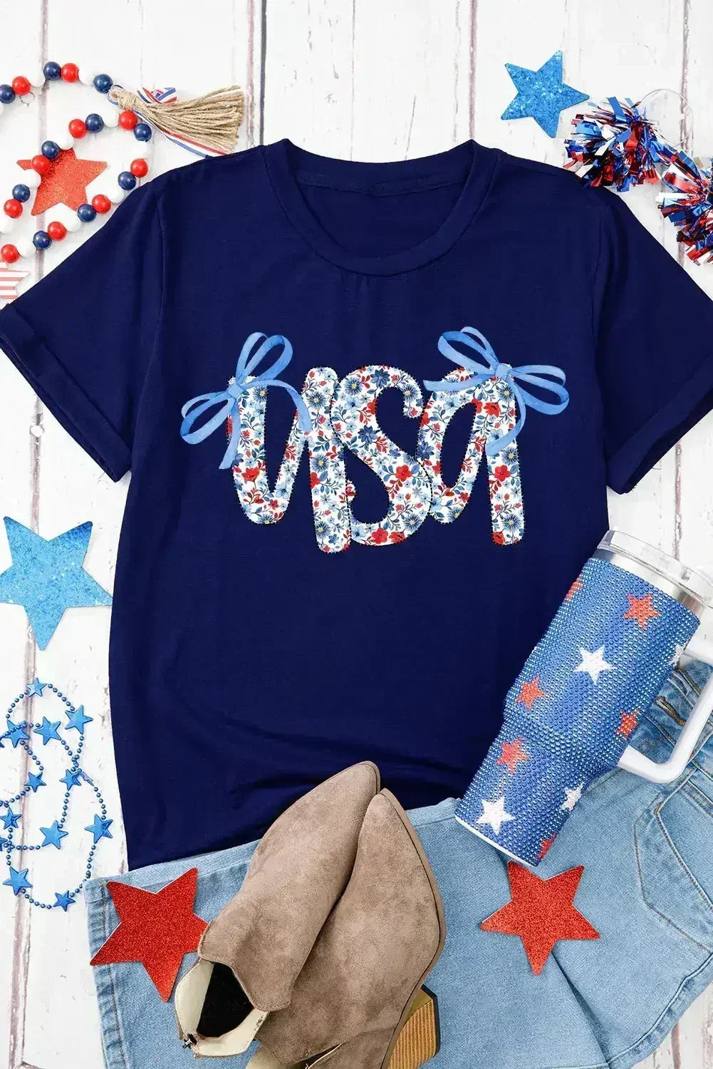 Blue Bow Floral usa Letter Print Independence Day Graphic T Shirt