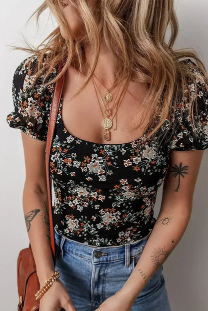 Floral Print Puff Sleeve U-Neck Bodysuit Black - Femstylo