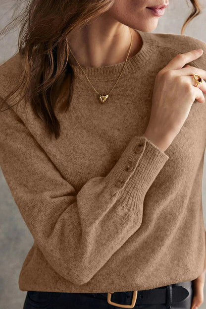 White Buttoned Cuffs Raglan Sleeve Knit Sweater