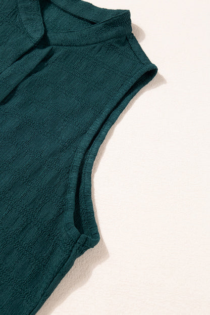 Sea Green Sleeveless Top - Textured Split V Neck Women's Shirt