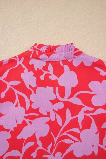 Red Floral 3/4 Sleeve Ruffle Hem Mini Dress
