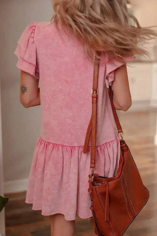 Sachet Pink Mineral Wash Raw Edge Ruffle Mini Dress