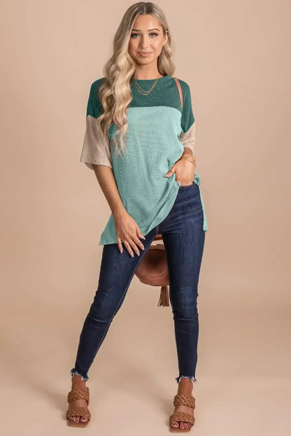 Black Color Block Ribbed Side Slits Half Sleeve Top