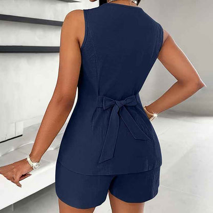 Women's Summer Pantsuit Set - 2 Piece Sleeveless V-Neck Button Down Vest and Shorts