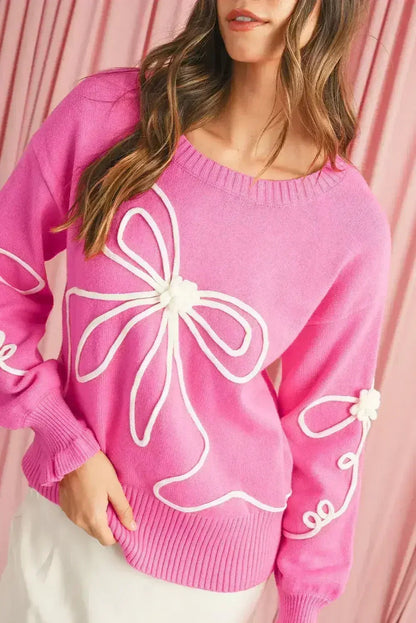 Bright Pink Sweet Bow Pattern Drop Sleeve Knit Sweater