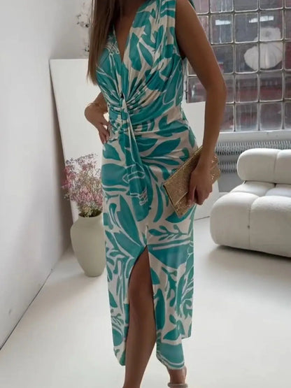 Full Size Slit Printed V-Neck Midi Dress Plus Size
