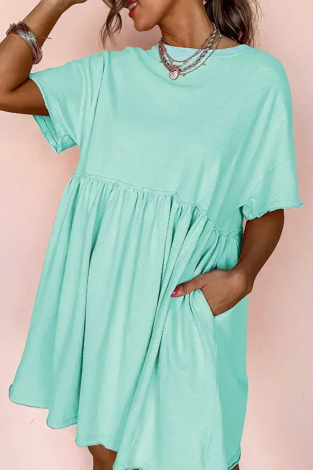 Sky Blue Solid Color Pocket Raw Edge Babydoll Dress