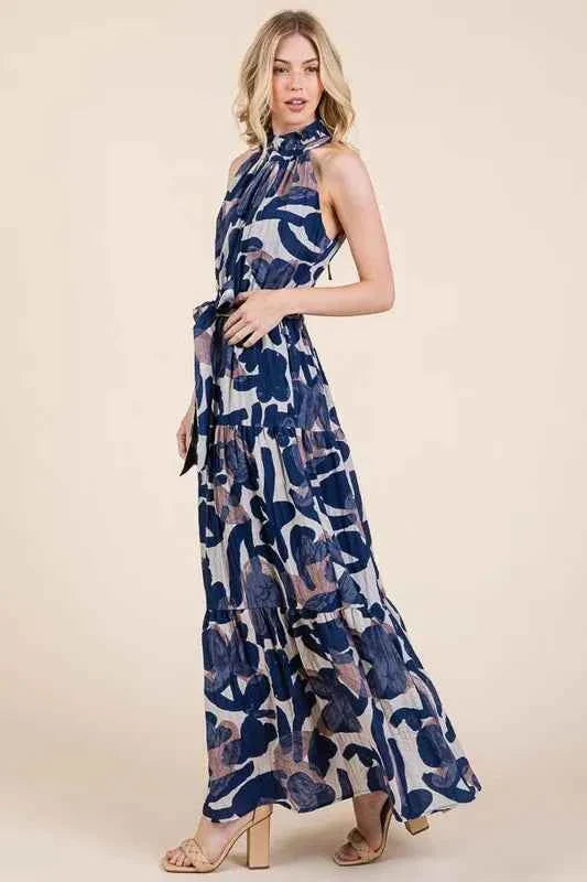 Lime and Chili Maxi Dress - Abstract Halter Neck Tie-Waist Tiered Design