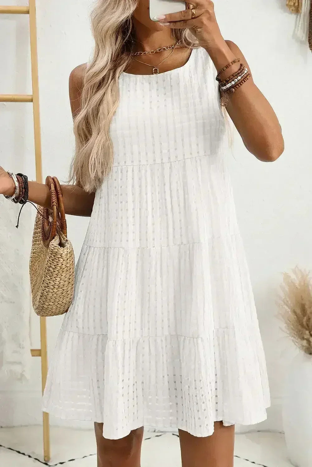 Light Blue Gingham High Waist Sleeveless Mini Dress