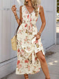 Printed Ruffled Hem Dress - V-Neck Sleeveless Style