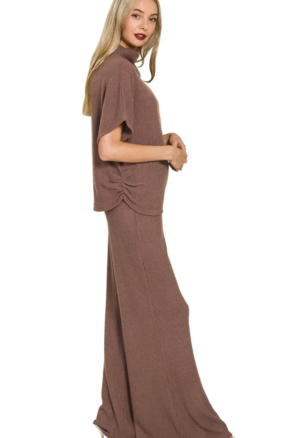 Zenana Sweater Mock Neck Top & Long Pants Set in Brown