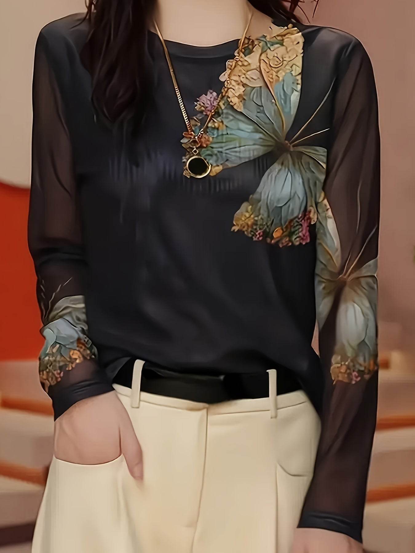 Floral Butterfly Print Women’s Tulle Top Long Sleeve Semi-Sheer Shirt