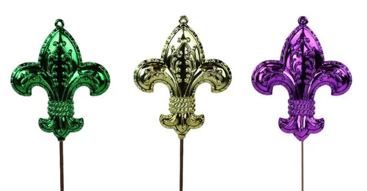 4"HX3.5"L SHINY FLEUR DE LIS PICK 3 ASST MARDI GRAS