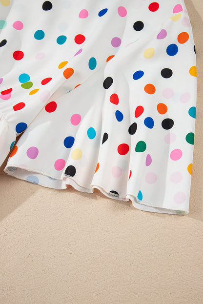 White Colorful Polka Dot Short Sleeve Tiered Ruffle Babydoll Blouse