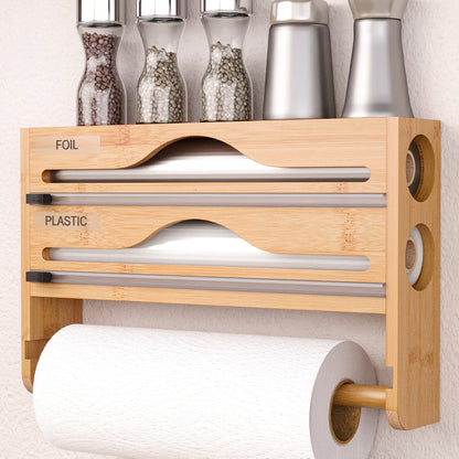 1pc Bamboo Kitchen Wrap Organizer - 4-in-1 Wall Mount Storage for