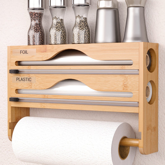 1pc Bamboo Kitchen Wrap Organizer - 4-in-1 Wall Mount Storage for