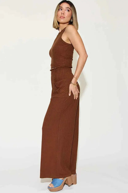 Ribbed Tank and Pants Set with Wide Leg Style