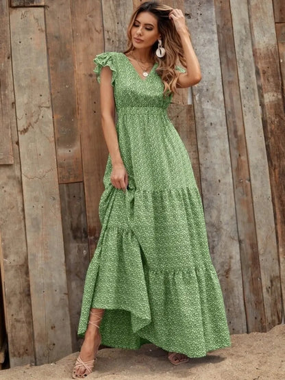 Printed V-Neck Maxi Dress with Ruffle Sleeves