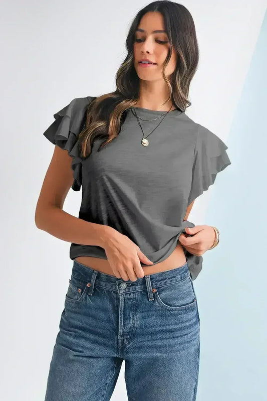 Dark Grey Ruffle Sleeve Plain Blouse | Femstylo