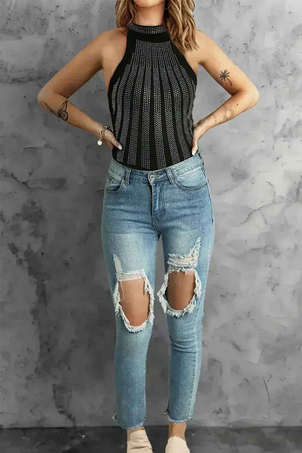 Rhinestone High Neck Sleeveless Bodysuit Black - Femstylo