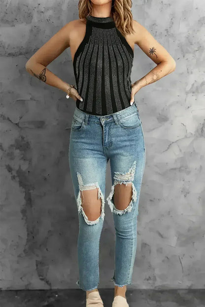 Rhinestone High Neck Sleeveless Bodysuit Black - Femstylo