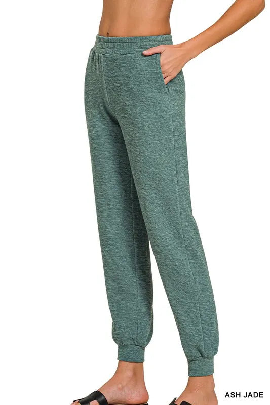 Zenana Cotton Slub Jogger Pants in Jade