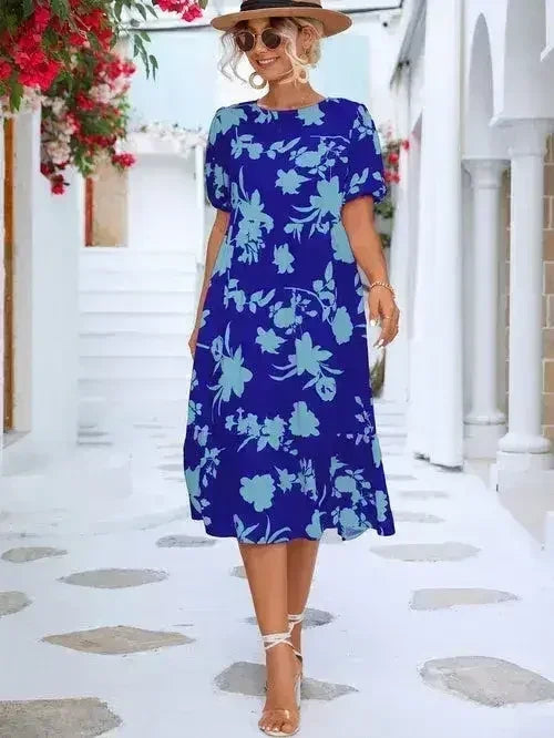 Floral Puff Sleeve Ruffle Hem Midi Dress