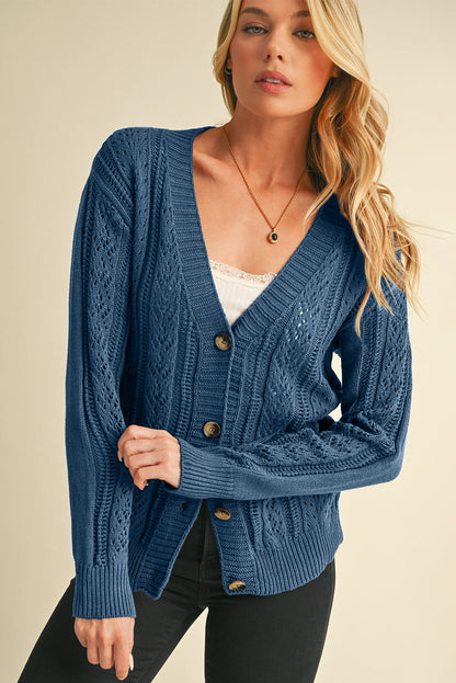 Dark Khaki Cardigan - Hollow Knit Drop Shoulder Style