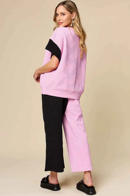 Plus Size Contrast T-Shirt and Wide Leg Pants Set