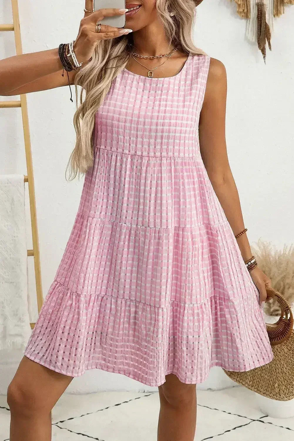 Light Blue Gingham High Waist Sleeveless Mini Dress