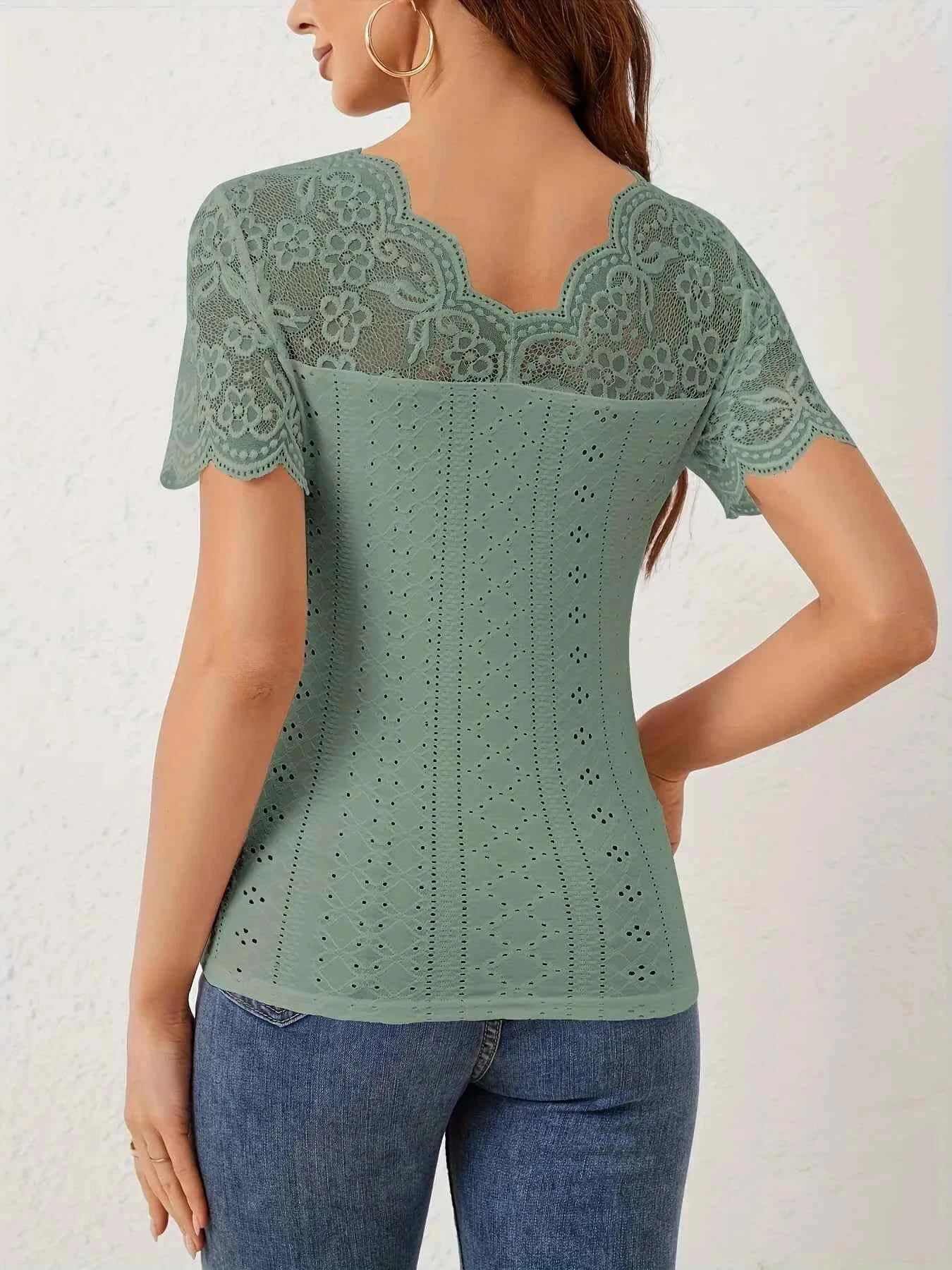 Lace Trim Eyelet Embroidered Summer T Shirt