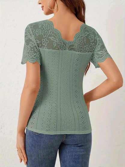 Lace Trim Eyelet Embroidered Summer T Shirt