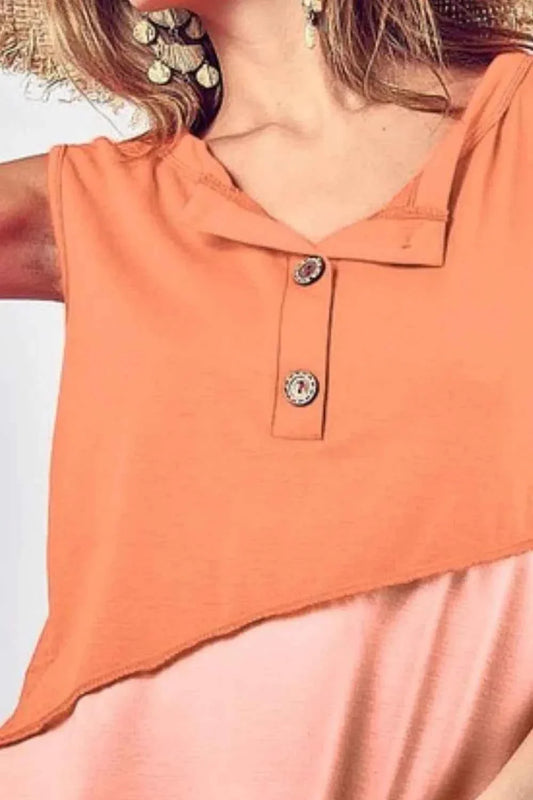 BiBi Color Block Henley Women's Top with Contrast Stitching and Button Detail