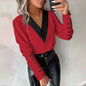 Women's V-Neck Contrast Trim Long Sleeve Blouse With Button Cuff Detail - Casual Comfort Top