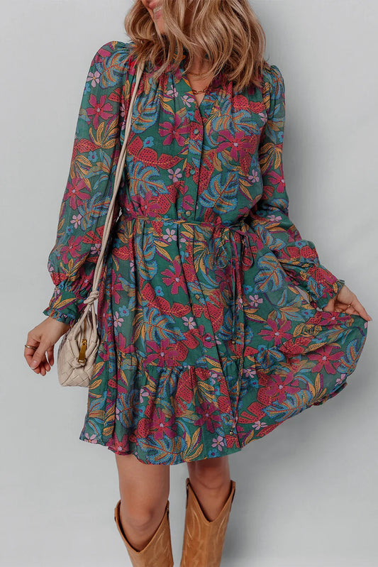 Green Floral Frill V Neck Puff Sleeve Ruffle Mini Dress