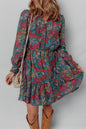 Green Floral Frill V Neck Puff Sleeve Ruffle Mini Dress