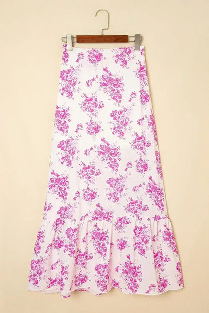 Sky Blue Boho Floral High Waist Ruffle Split Maxi Skirt