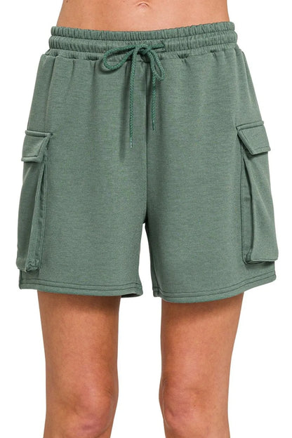 Zenana Scuba Thigh Pocket Shorts in Green