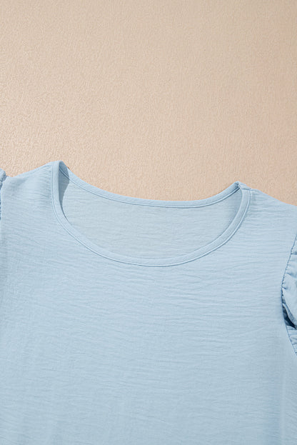 Aqua Ruffle Sleeve Blouse - Clearly Aqua Solid Color Crinkled Top
